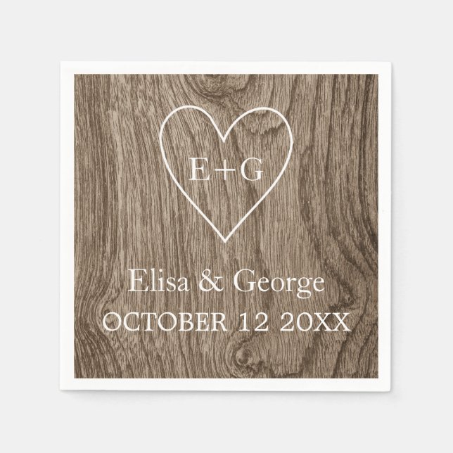 Heart with initials wood grain rustic wedding napkin (Front)