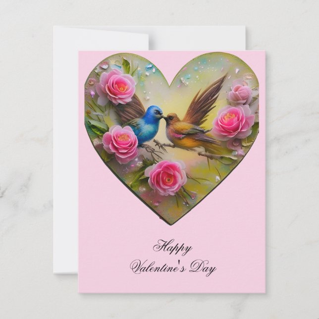 Heart with pink flowers and birds Valentine  Holiday Card (Front)