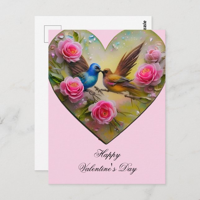 Heart with pink flowers and birds Valentine Postcard (Front/Back)