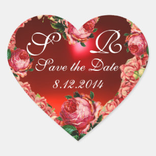 HEART WITH PINK ROSES SAVE THE DATE MONOGRAM STICKER