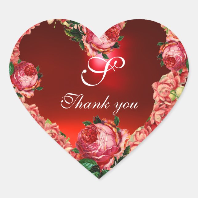 HEART WITH PINK ROSES THANK YOU MONOGRAM HEART STICKER (Front)