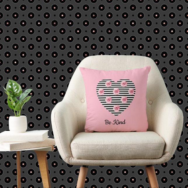 Heart with Romantic Black Striped Roses on Pink  Cushion (Creator Uploaded)
