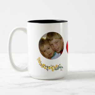 Heart with Two Photos and Flowers - Personalise Two-Tone Coffee Mug