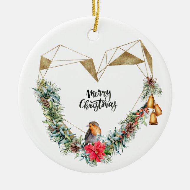 Heart with Wreath & Robin Ceramic Tree Decoration (Front)