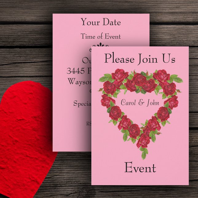 Heart Wreath Red Roses Invitation (Romantic heart shaped wreath of red roses on pink party invitations weddings, showers, anniversaries)