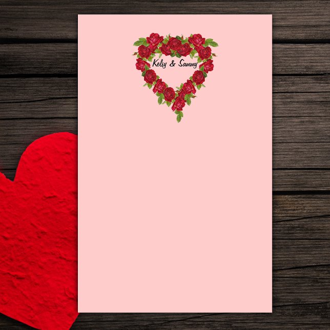 Heart Wreath Red Roses Stationery (Stationery for Valentine's Day, Weddings or engagements.)