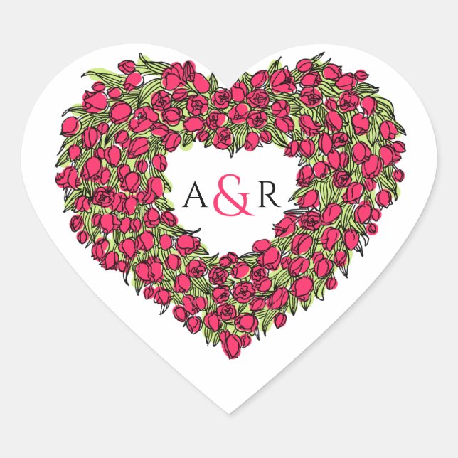 Heart wreath red tulips monogram wedding heart sticker (Front)