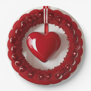 Heart Wreath with Bright Red Hearts Paper Plate