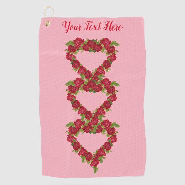 Heart Wreaths of Pretty Red Roses Leaves Pink Golf Towel (Front)