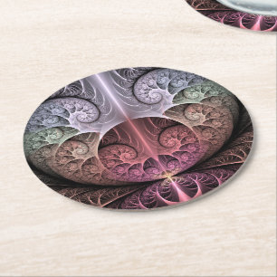 Heartbeat, Abstract Surreal Fantasy Fractal Art Round Paper Coaster