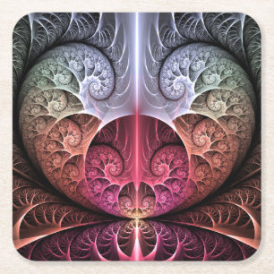 Heartbeat, Abstract Surreal Fantasy Fractal Art Square Paper Coaster
