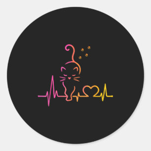 Heartbeat Cat Lover Animal Silhouette Cute Cat  Classic Round Sticker