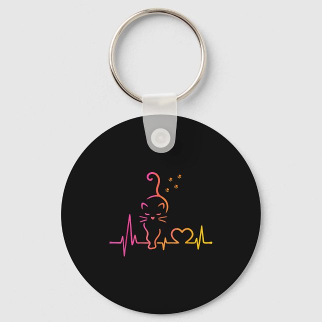 Heartbeat Cat Lover Animal Silhouette Cute Cat  Key Ring (Front)