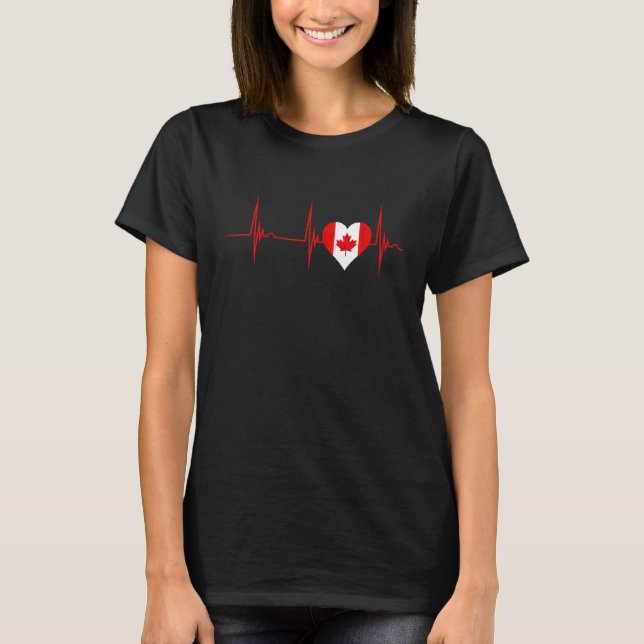 Heartbeat EKG Pulse Heart Maple Leaf Canadian Flag T-Shirt (Front)