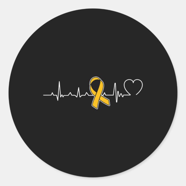Heartbeat Gold Ribbon Childhood Cancer Awareness   Classic Round Sticker (Front)