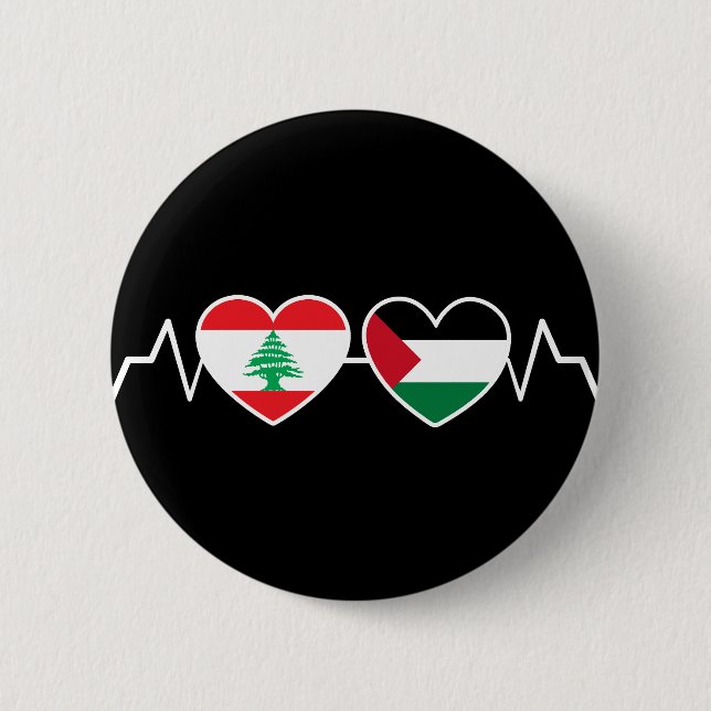 Heartbeat Lebanon Palestine Unity Flags. 6 Cm Round Badge (Front)
