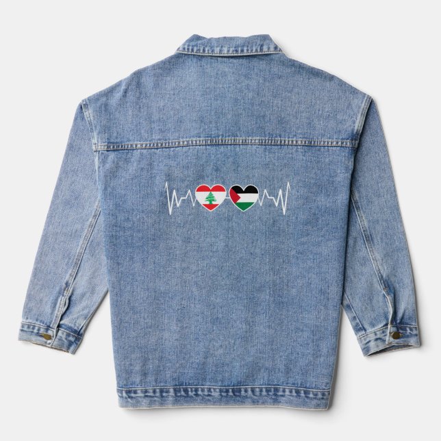 Heartbeat Lebanon Palestine Unity Flags. Denim Jacket (Back)