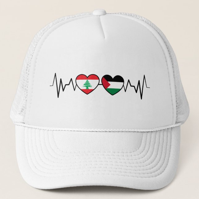 Heartbeat Lebanon Palestine Unity Flags. Trucker Hat (Front)