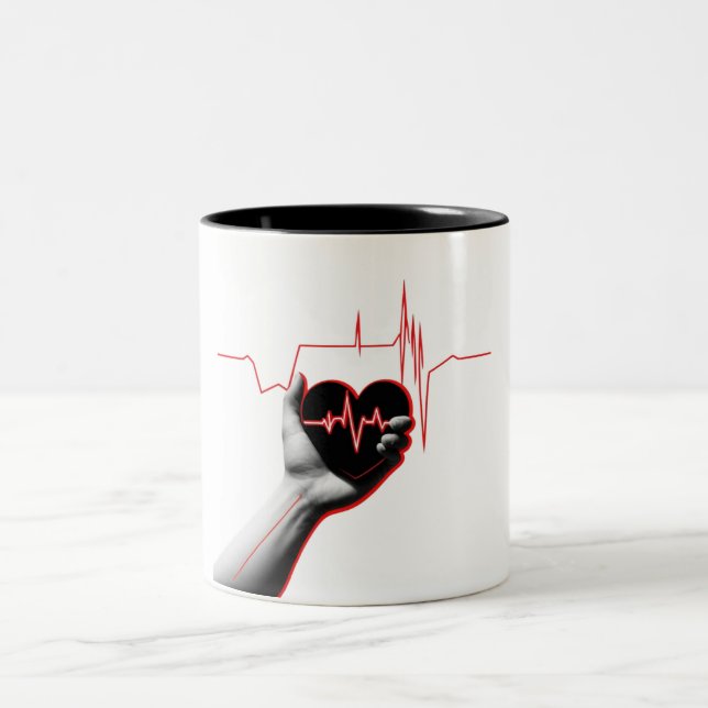Heartbeat Love Design – Hand Holding Heart  Two-Tone Coffee Mug (Center)