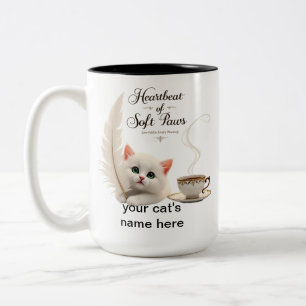 Heartbeat of Soft Paws – Elegant White Cat & Quill Two-Tone Coffee Mug