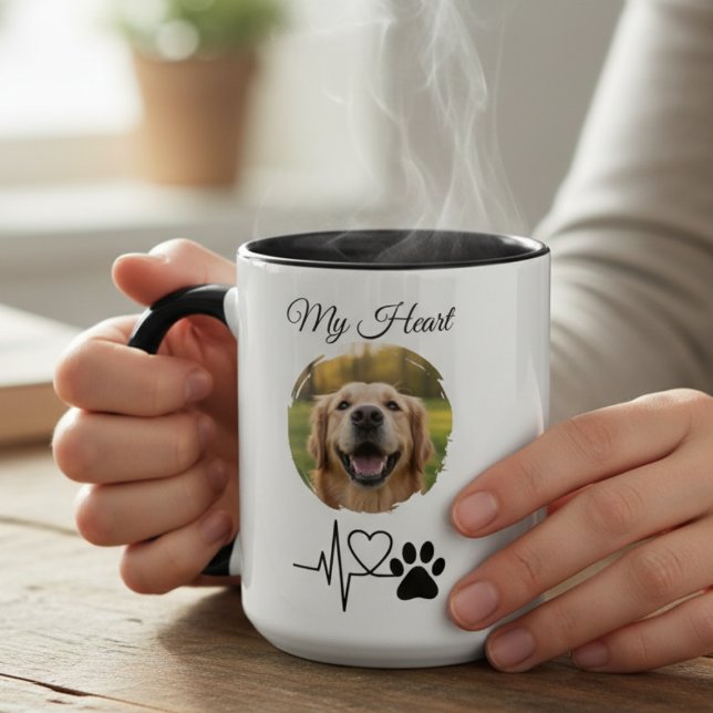Heartbeat Paw Print Pet Photo Mug (Pet lover photo coffee mug)