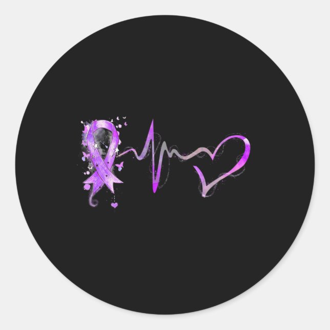 Heartbeat Purple Ribbon Pancreatic Cancer Awarenes Classic Round Sticker (Front)