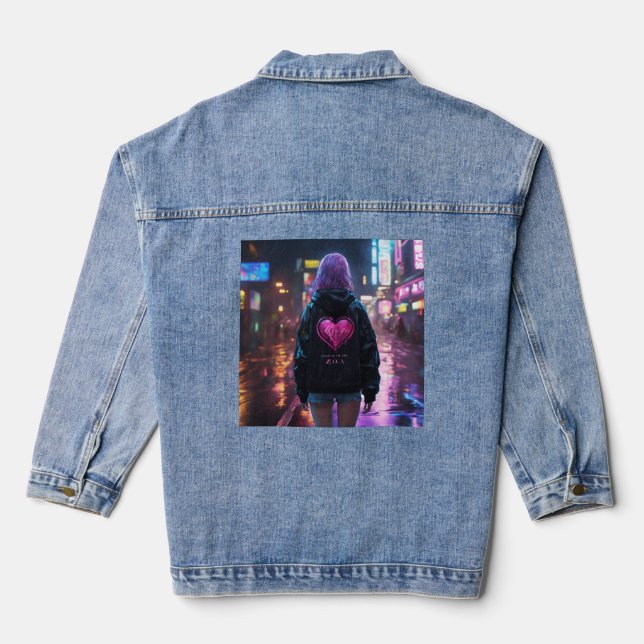 "Heartbroken in the Rain: Zoa - Cyberpunk Girl in  Denim Jacket (Back)