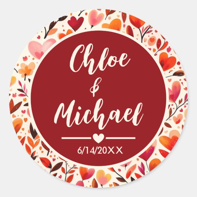 Heartfelt Blooms Round Circular Wedding Stickers (Front)