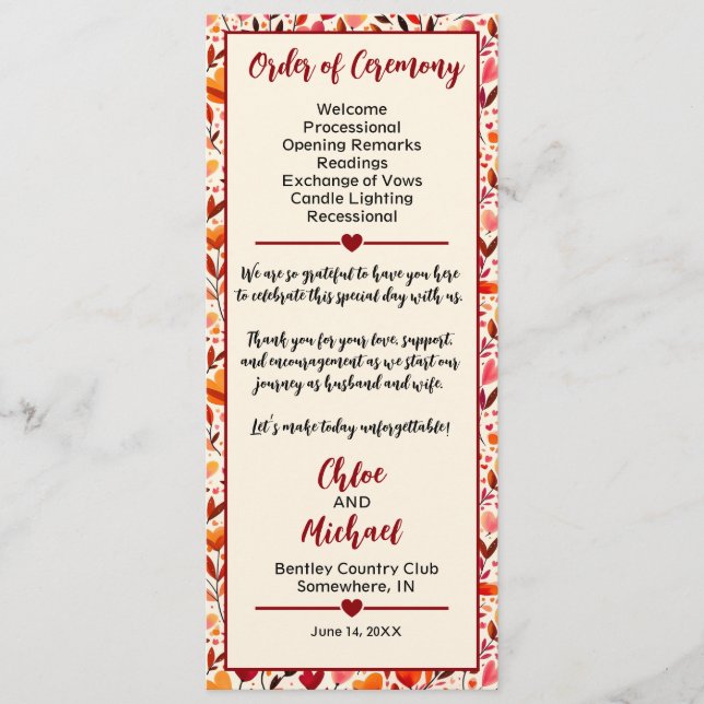 Heartfelt Blooms Wedding Program Programme (Front)