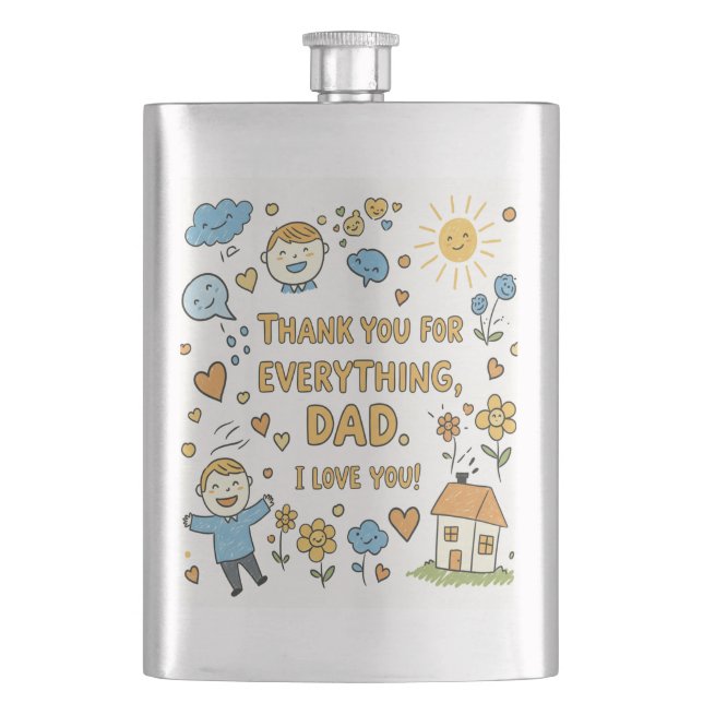 Heartfelt Doodle "Thank You Dad" Art Hip Flask (Front)