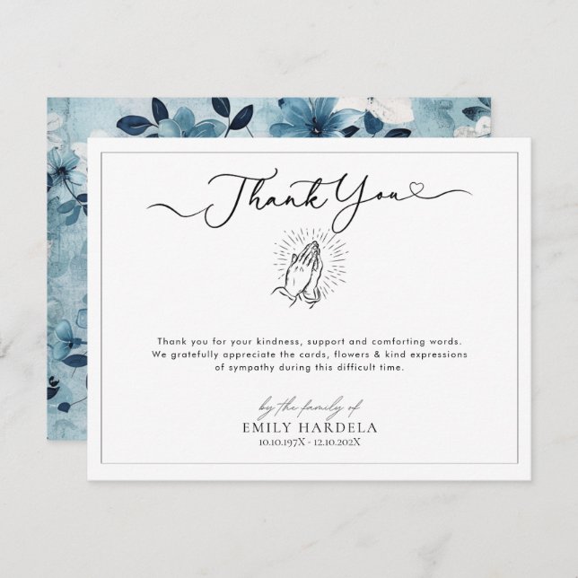 Heartfelt Funeral Thank You Card Blue Floral (Front/Back)