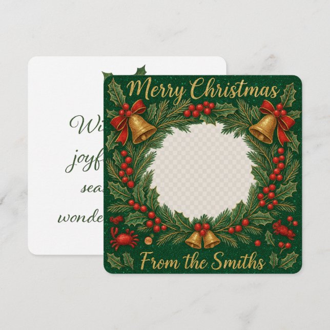 Heartfelt Glittering Wreath Family Photo Christmas Card (Front/Back)