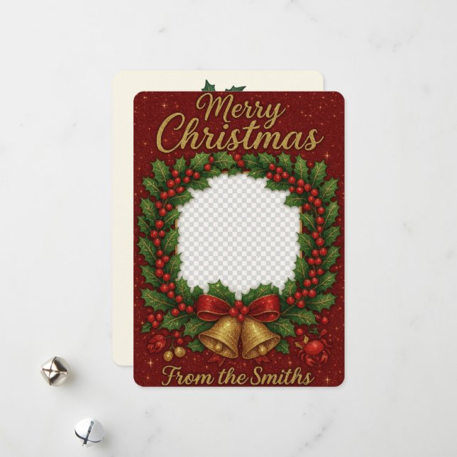 Heartfelt Glittering Wreath Family Photo Christmas Holiday Card (Front/Back In Situ)