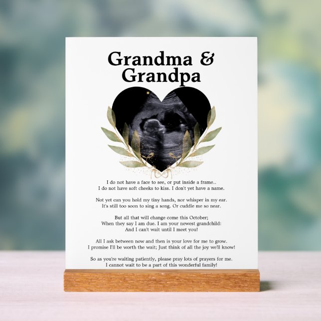 Heartfelt Grandma Grandpa Pregnancy Announcement Acrylic Sign (Neutral)
