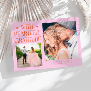 Heartfelt Gratitude Orange Pink Wedding Photo Thank You Card