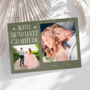 Heartfelt Gratitude Sage Green Wedding Photo Thank You Card