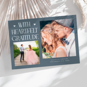 Heartfelt Gratitude Slate Blue Wedding Photo   Thank You Card