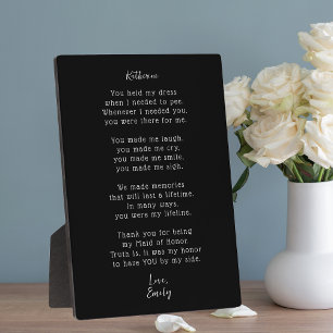 Heartfelt Maid of Honor Thank You Poem Plaque