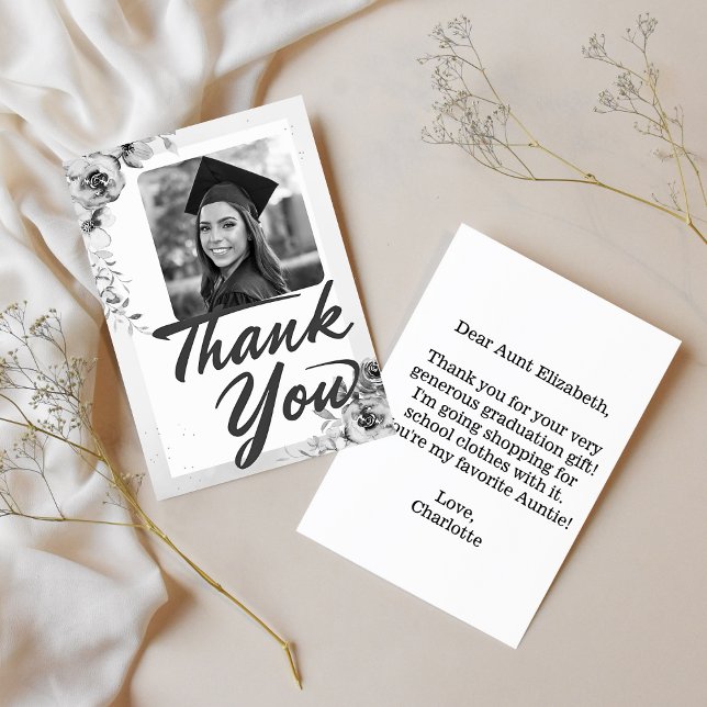 Heartfelt Note Auntie Graduation Photo Floral Thank You Card (Graduation Thank You Card)