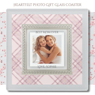 Heartfelt Soft Pink Best Mom Ever Plaid Photo Glass Coaster