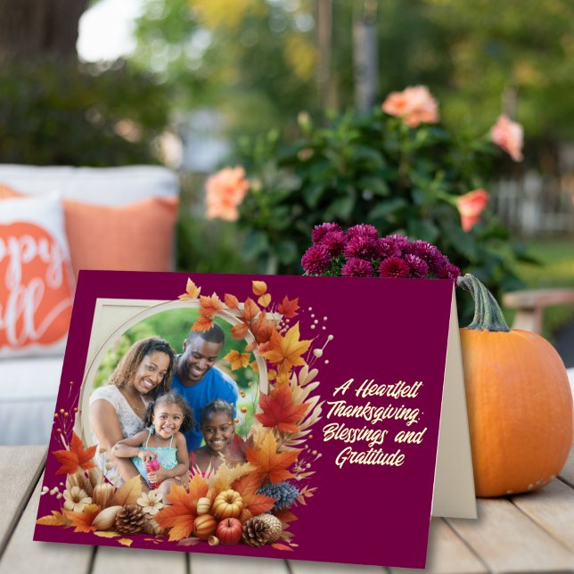 Heartfelt Thanksgiving Blessings Photo Foil Holiday Card (Share heartfelt gratitude with this elegant autumn photo frame of love and thanks.)