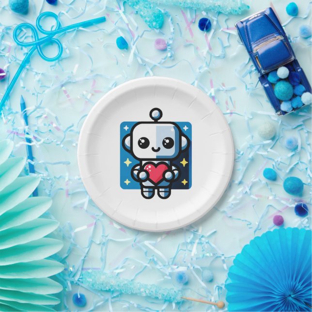 Heartful Robot - Playful Tech-Inspired Love Art Paper Plate (Party)