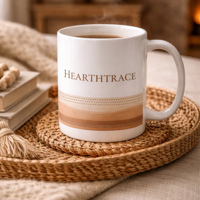 Hearth Stitch Lines Classic Mug, 11 oz Coffee Mug (White mug with stitched brown dash lines, made for calm mornings and soft kitchen tones)