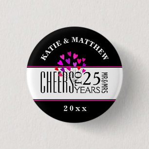 Hearts 25th Modern Wedding Anniversary Dated Gift 3 Cm Round Badge