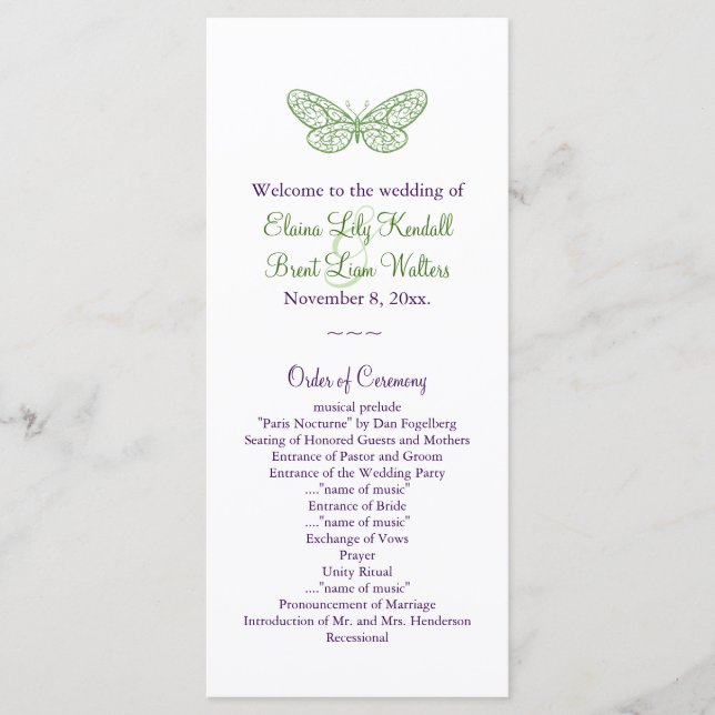 Heart's a Flutter Wedding Program in green Programme (Front)