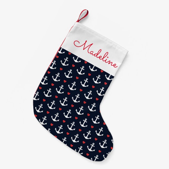 Hearts And Anchors Pattern | Add Your Name Small Christmas Stocking (Front (Hanging))