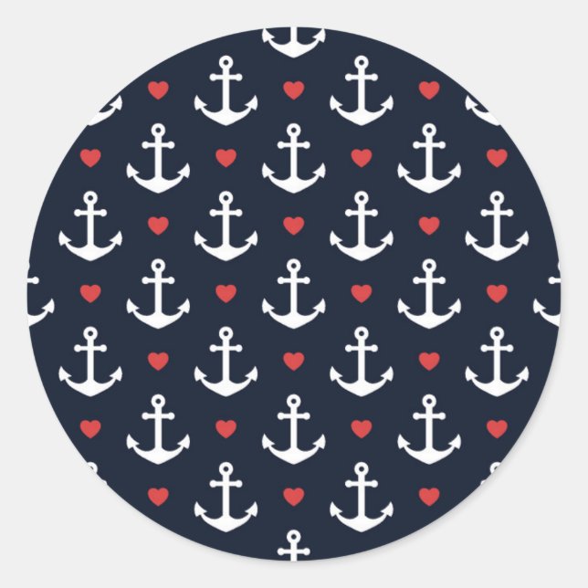 Hearts And Anchors Pattern Classic Round Sticker (Front)