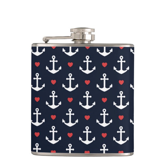 Hearts And Anchors Pattern Hip Flask (Front)
