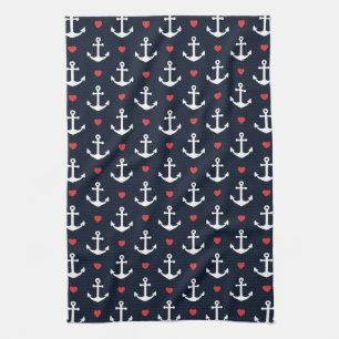 Hearts And Anchors Pattern Tea Towel