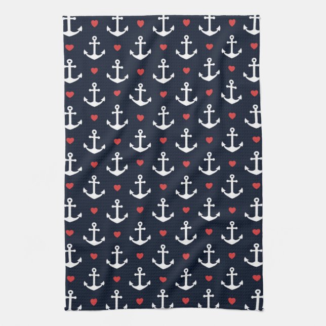 Hearts And Anchors Pattern Tea Towel (Vertical)